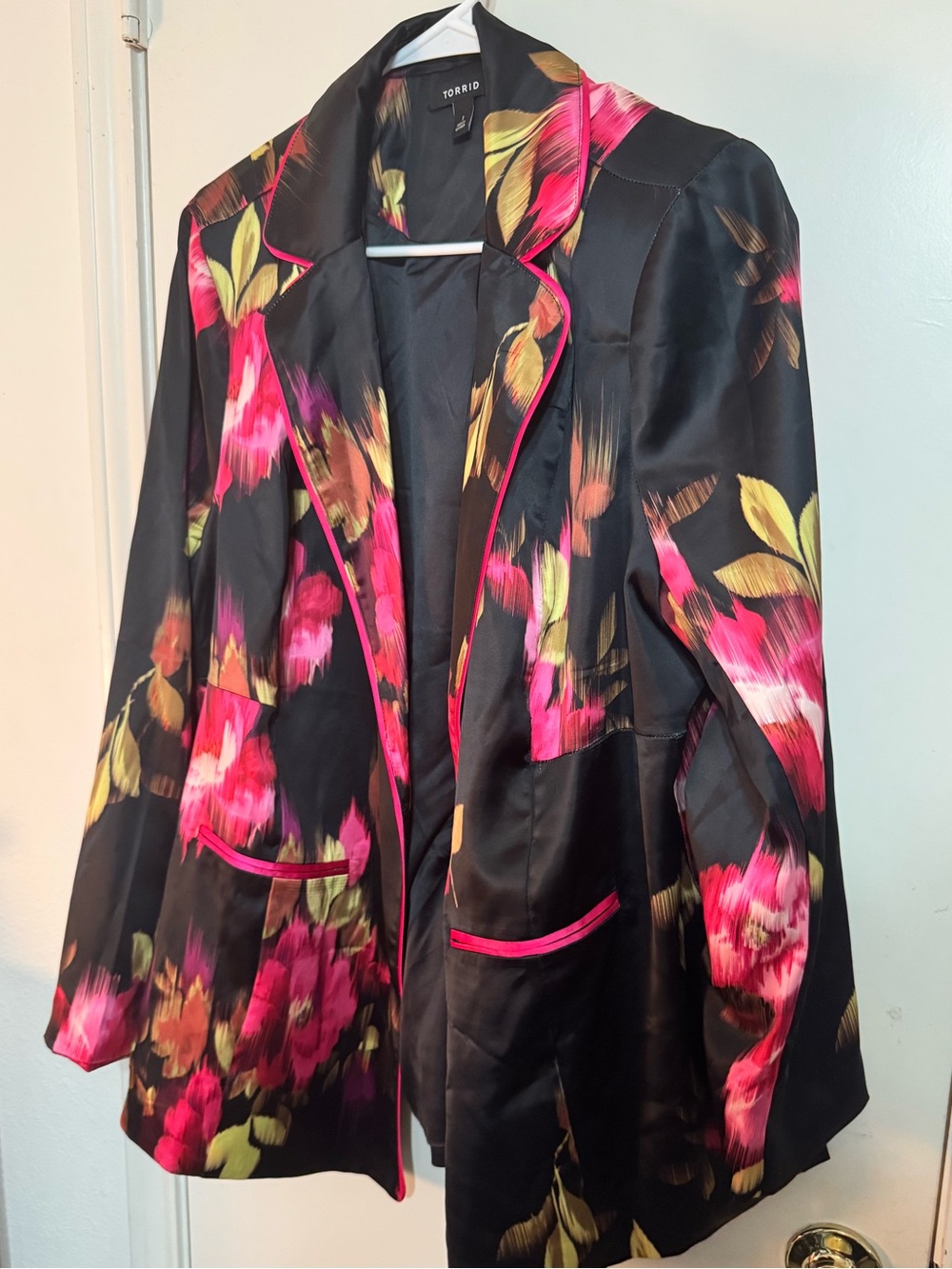 Torrid Black Floral Satin Blazer - Pink & Green Print 1x